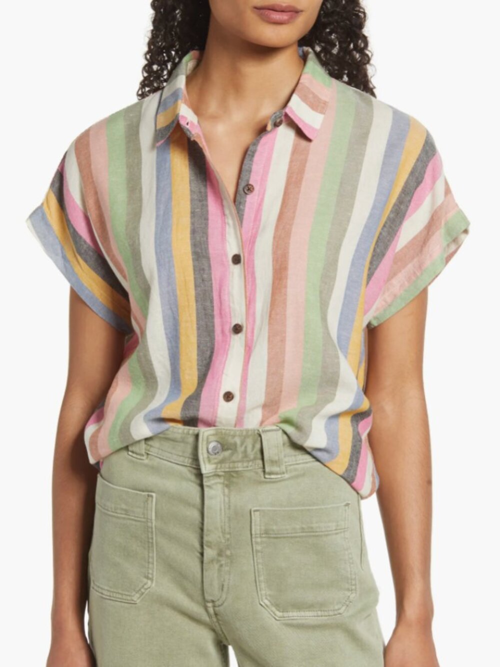 Marine Layer Dana Stripe Tencel Linen Short Sleeve Shirt M Multicolor Coastal